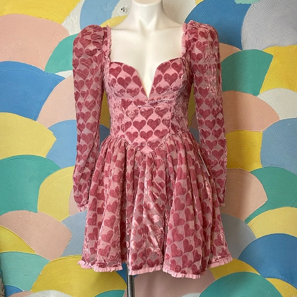 For Love and lemons Velvet pink heart Dress Theresa Mini Dress NWT - Picture 1 of 14